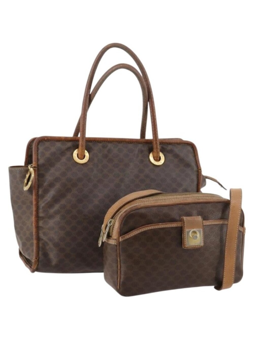 CELINE Macadam Canvas Shoulder Bag PVC Leather 2 Set Brown